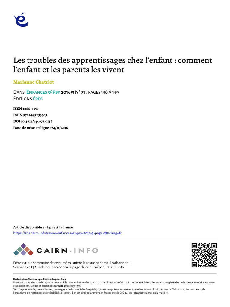 Chatriot 2016 Les Troubles Des Apprentissages Chez Lenfant Comment ...
