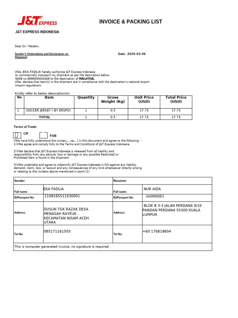 Form Cipl Malaysia 06 Maret 2026 | PDF