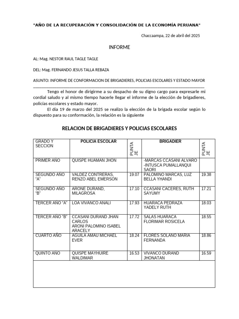 Informe de Brigada Escolar 2025 | PDF