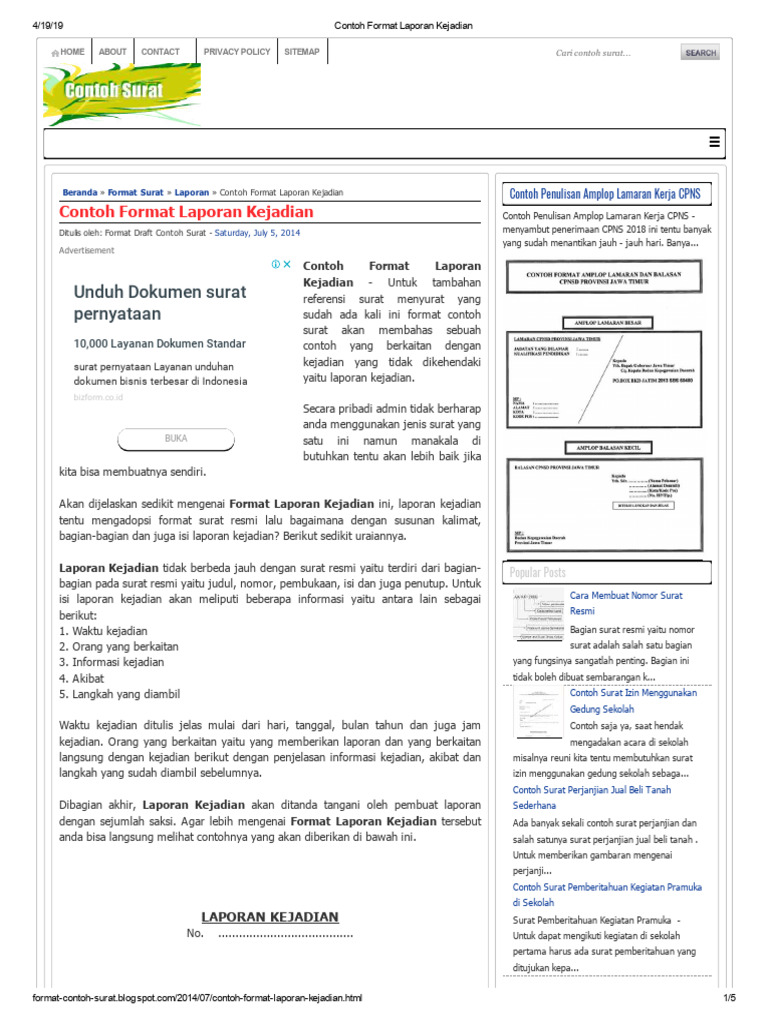 Contoh Format Laporan Kejadian | PDF