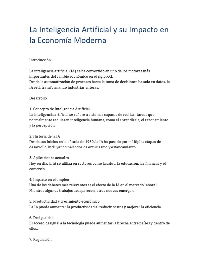 La Inteligencia Artificial y Su Impacto en La Economía Moderna | PDF