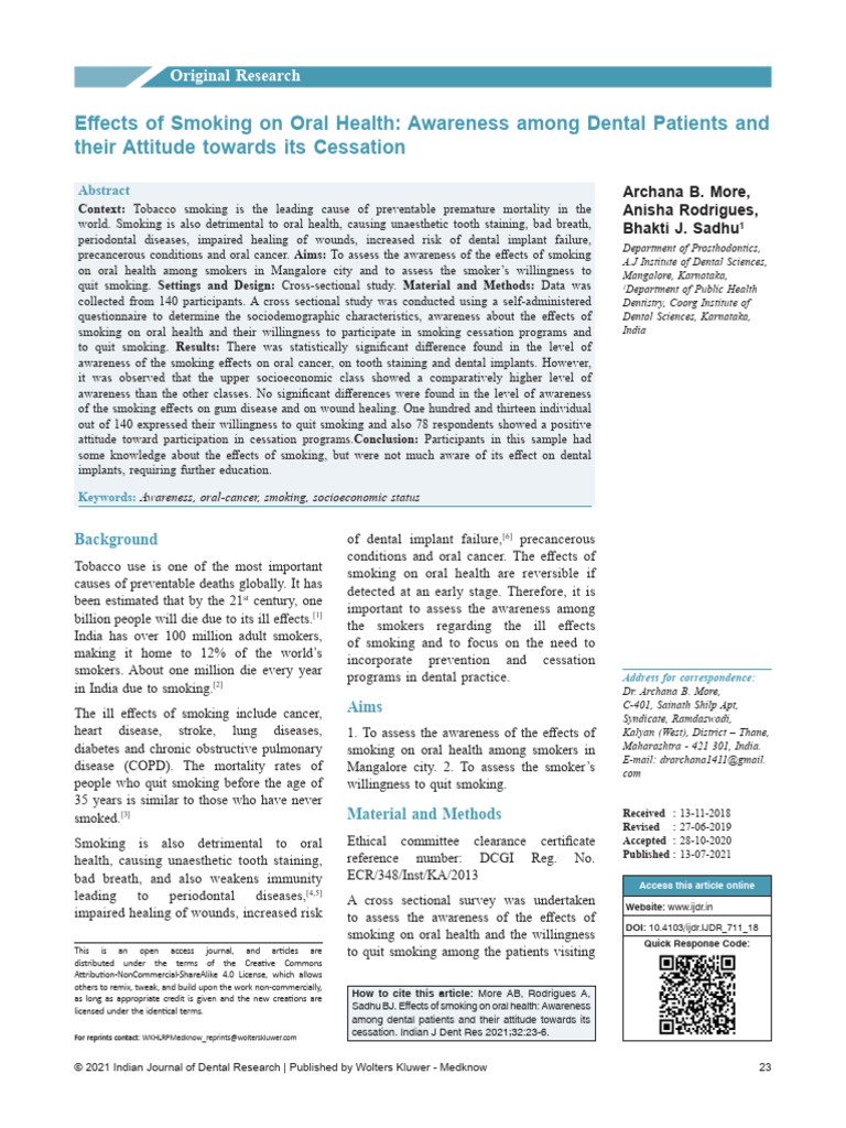 Effects of Smoking On Oral Health Awareness Among.6 | PDF
