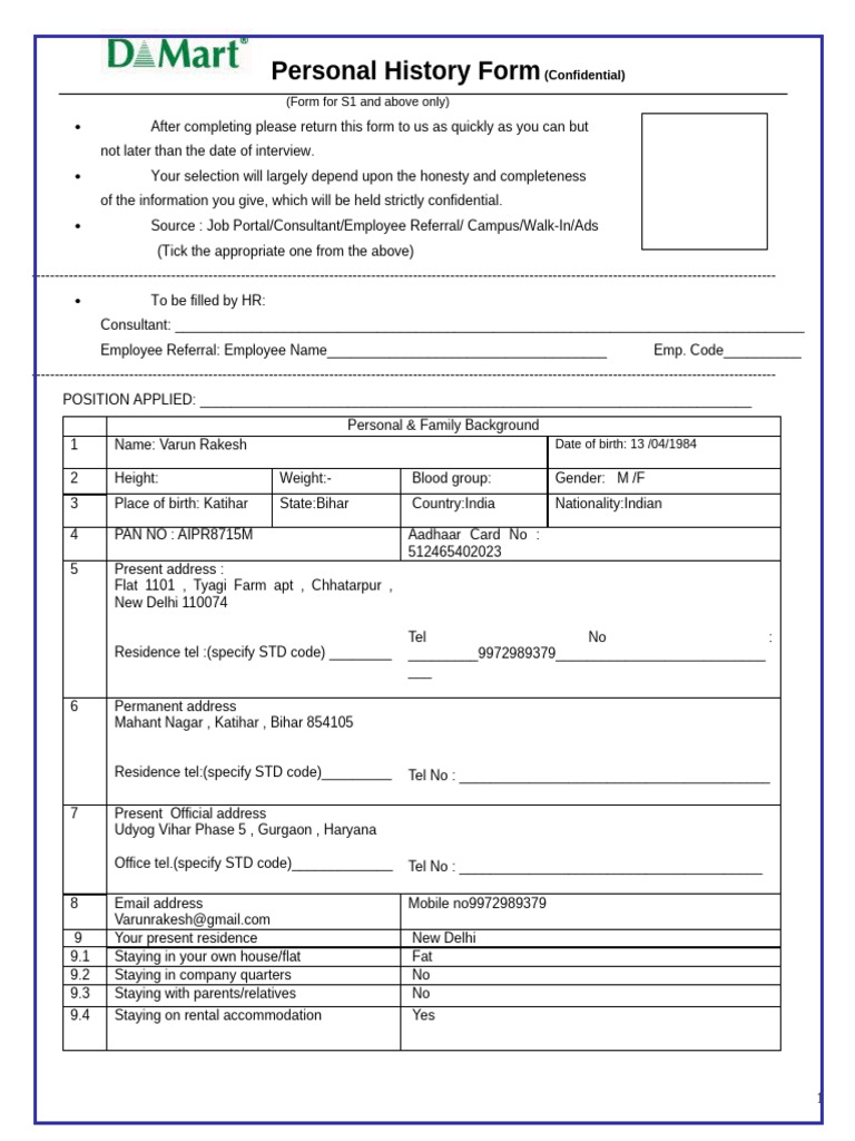 Personal History Form S1 Above | PDF