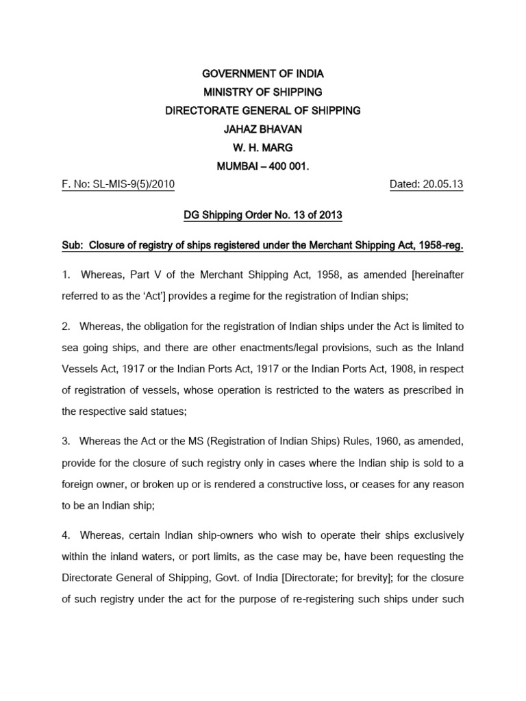 DG Shipping Order No. 13 of 2013 Closure of Registry of Ship | PDF