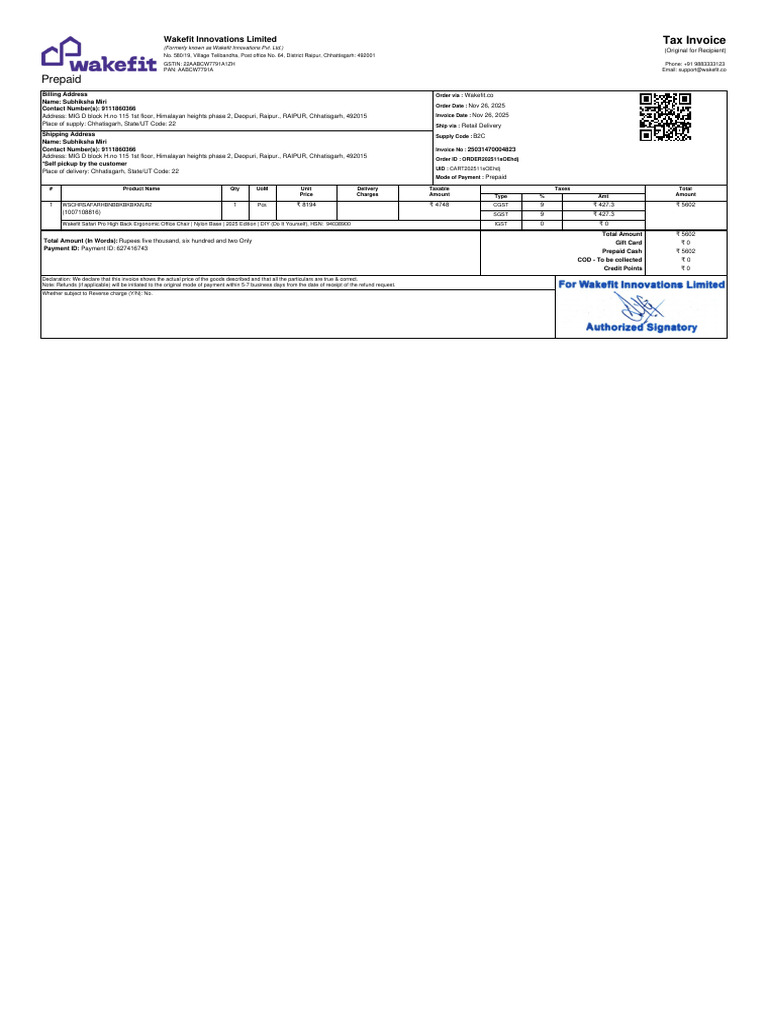 WAKEFIT INVOICE ORDER202511sOEhdj 2025112613271764163655 | PDF