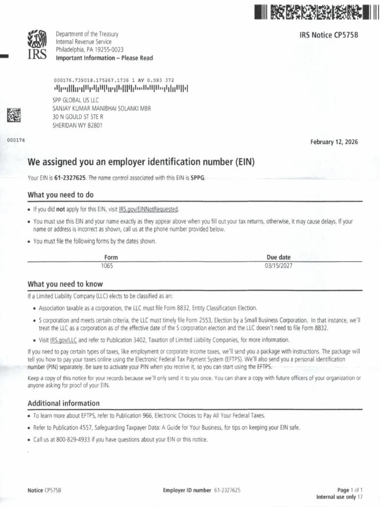 Ein Letter - SPP Global Us LLC | PDF