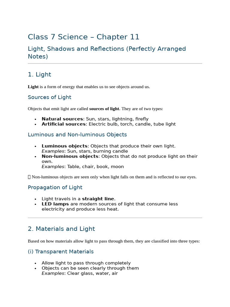 Class 7 Science Light and Shadow | PDF