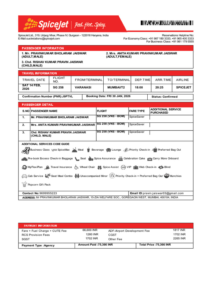 SpiceJet E Ticket 14FEB 2026 | PDF