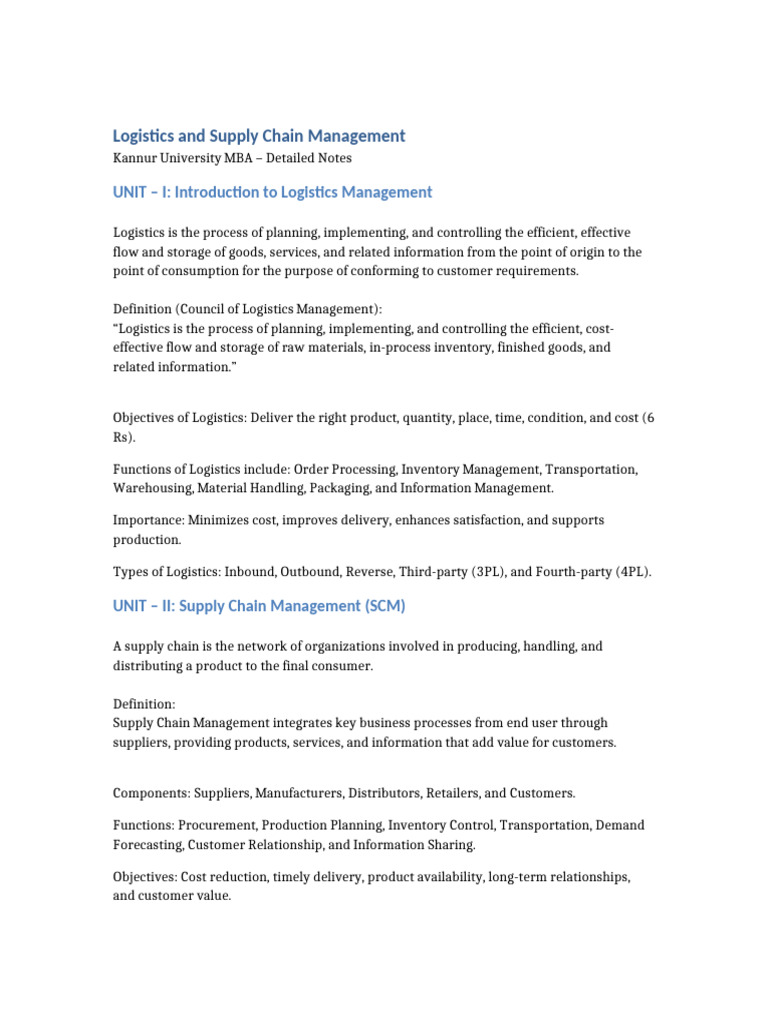 Logistics and Supply Chain Management Kannur University Notes | PDF ...