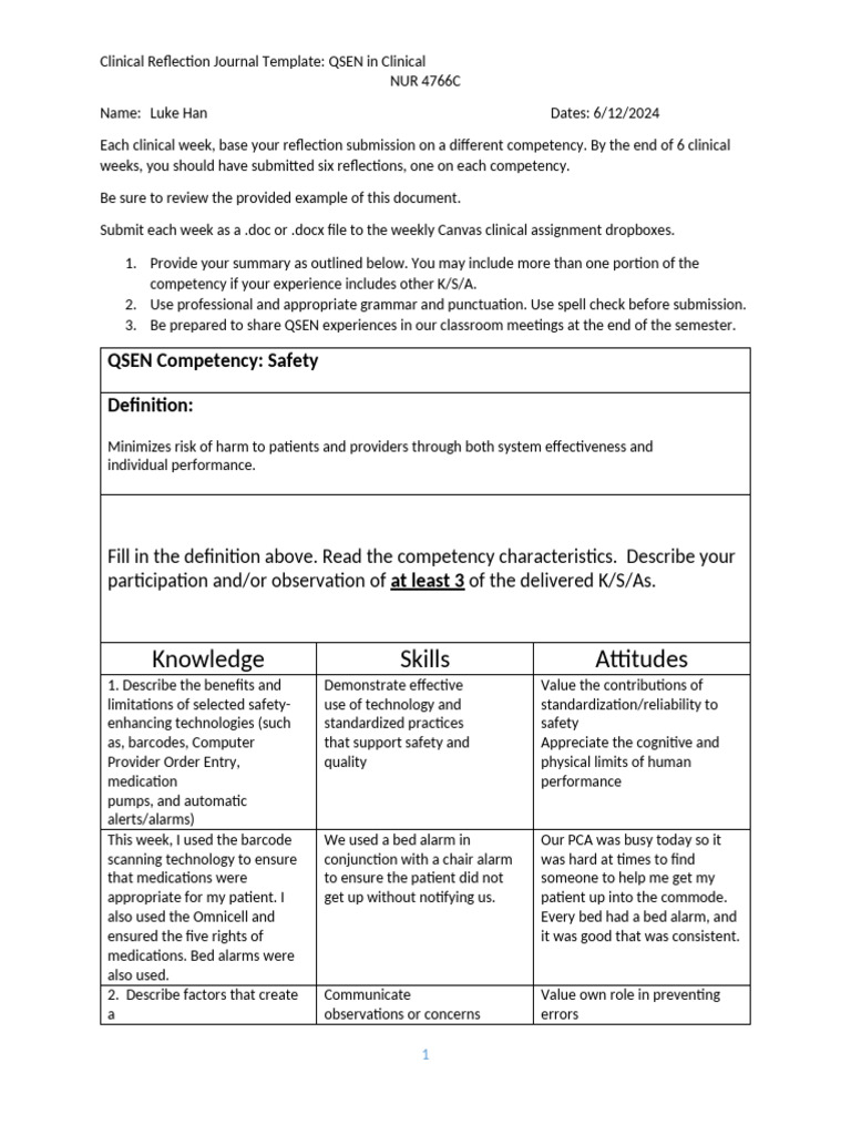 SP 2022 - Student Form - QSEN Reflection-5 | PDF