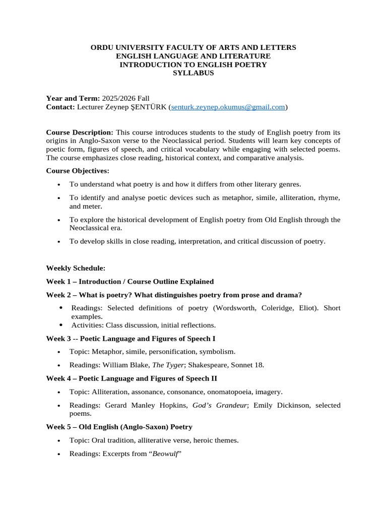 2025-26 Intro To English Poetry Syllabus | PDF