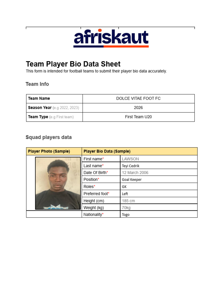 Dolce Vitae Foot FC Team Player Bio Data Sheet Afriskaut 1 | PDF