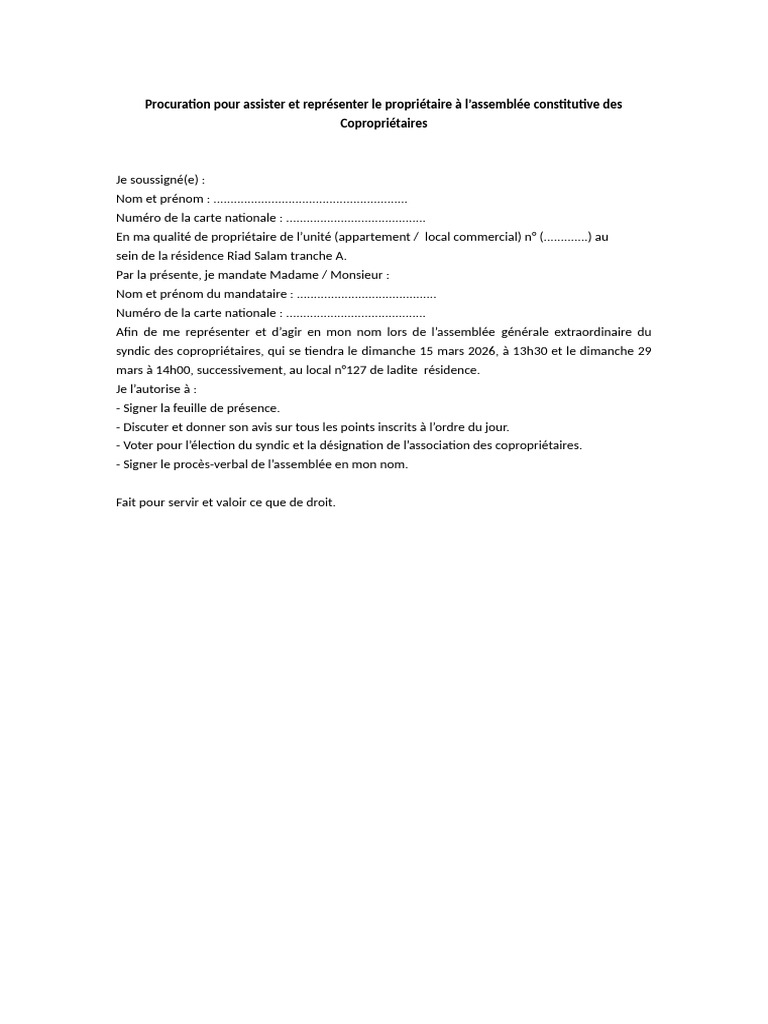 Procuration Pour Assister Et Représenter Le Proprio | PDF