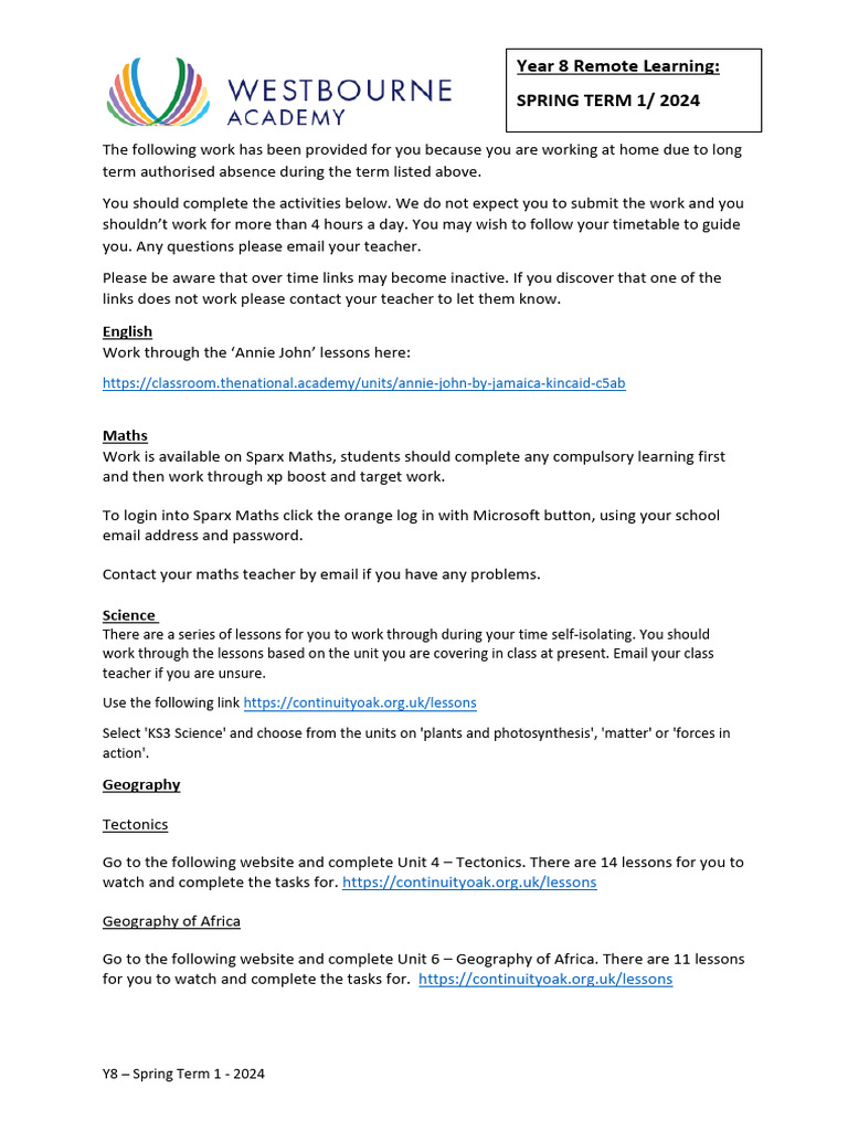 Year 8 Remote Learning SPRING TERM 1 2024 | PDF