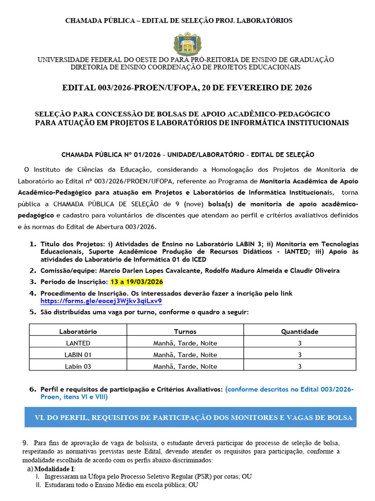 Edital de Seleção Monitoria Proj - Laboratórios | PDF