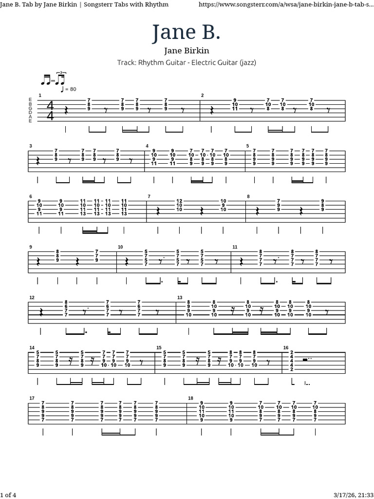 Jane B. Tab by Jane Birkin - Songsterr Tabs With Rhythm | PDF | Popular ...