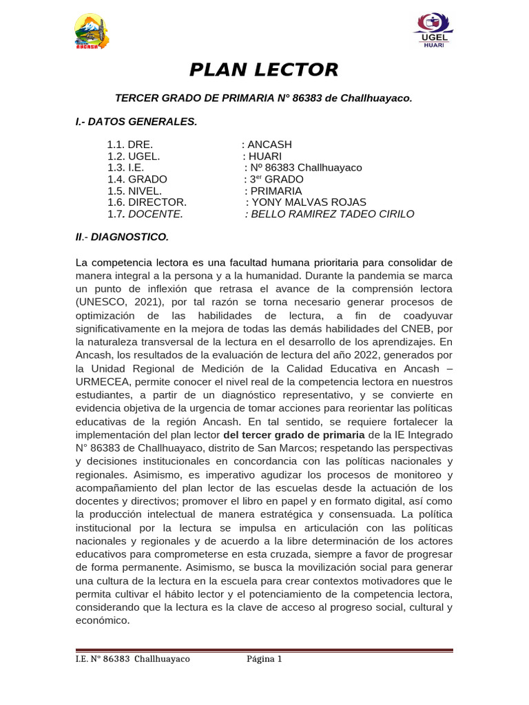 Plan Lector Tercer Grado | PDF | Educación primaria | Comprensión lectora