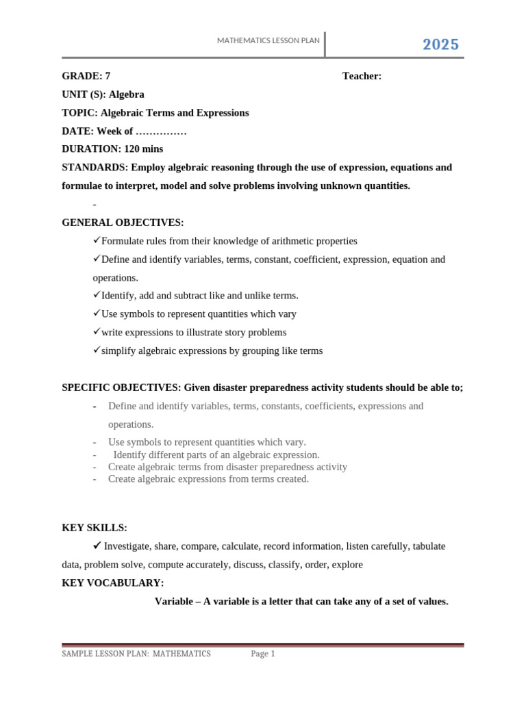 Algebra Lesson Plan 1 Oct 2025 | PDF | Algebra | Variable (Mathematics)