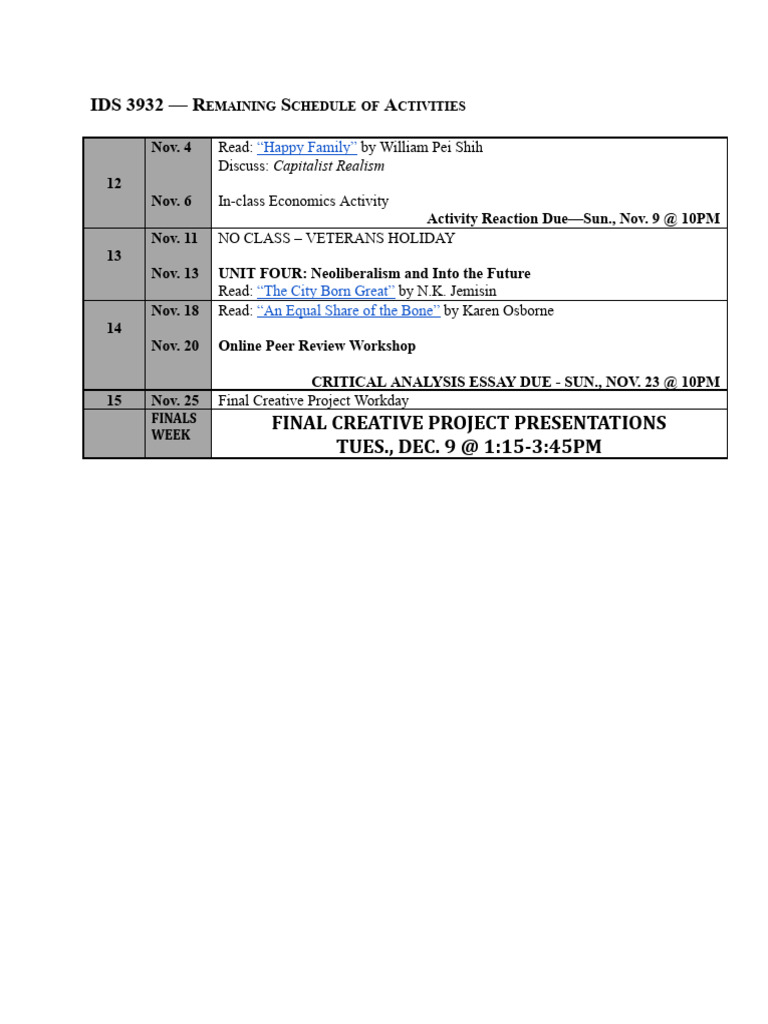 IDS 3932-FA25-Final Weeks Syllabus | PDF