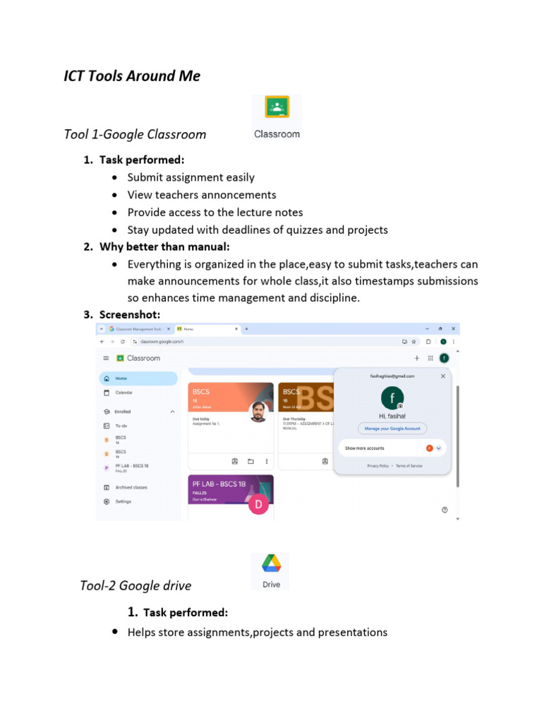 ICT Tools Around Me: Tool 1-Google Classroom | PDF