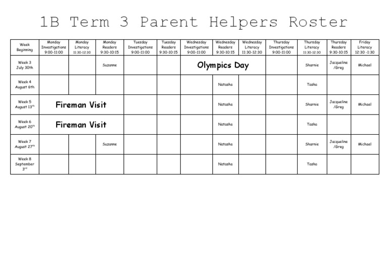 Term 3 Parent Helpers Roster | PDF