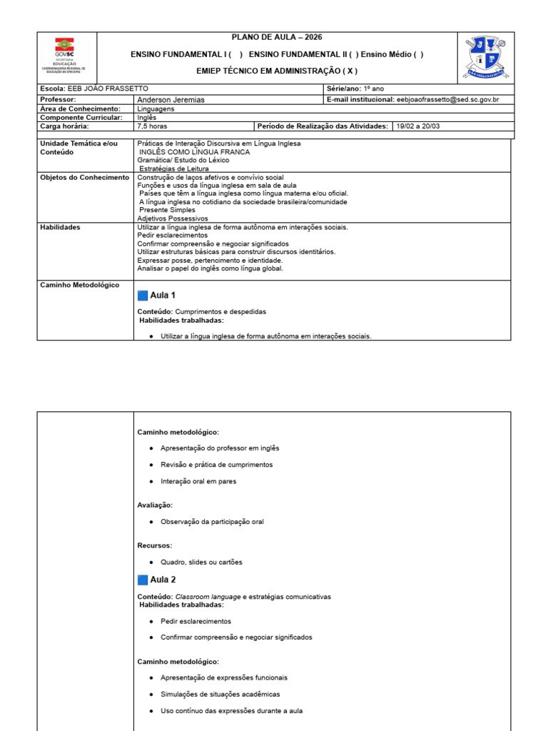 Plano de Aula 1 - Inglês - 1º Ano | PDF | Língua inglesa | Lição