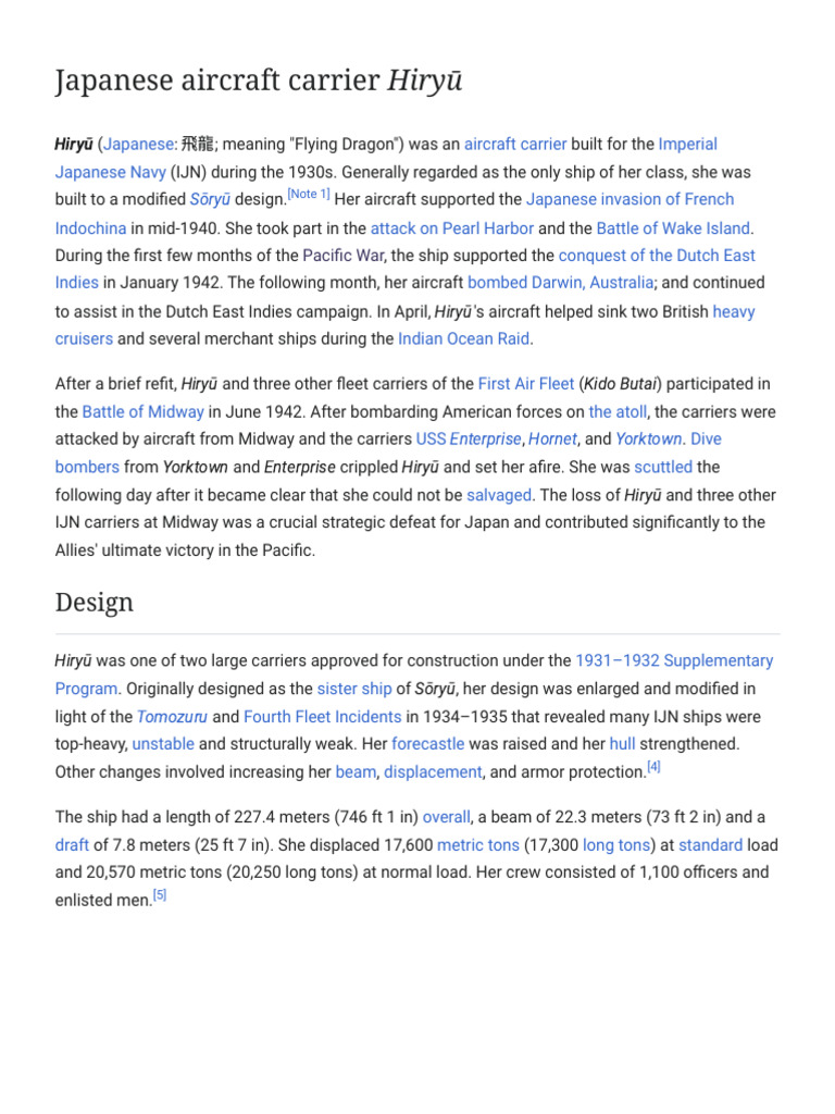 Hiryū - Imperial Japanese Aircraft Carrier | PDF