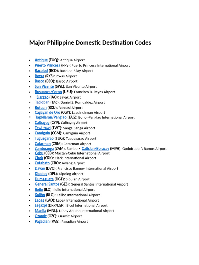 Major Philippine Domestic Destination Codes | PDF