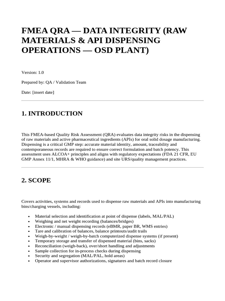 Fmea Qra - Data Integrity (Raw Materials & API Dispensing Operations ...