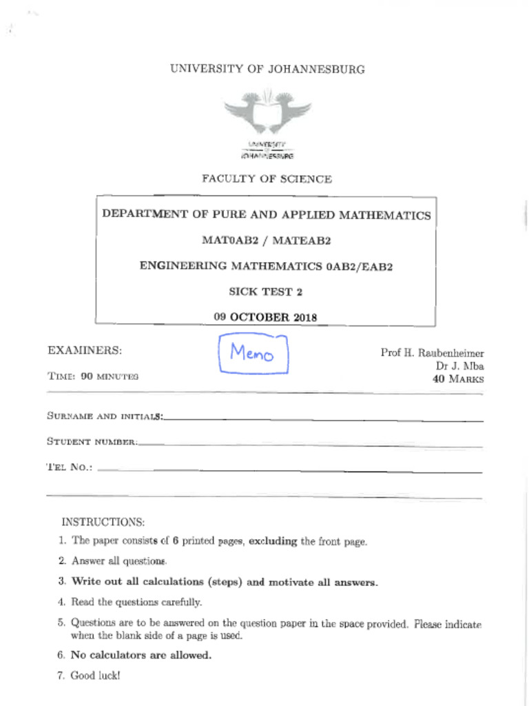 Sick Test 2 Memo 2018 | PDF