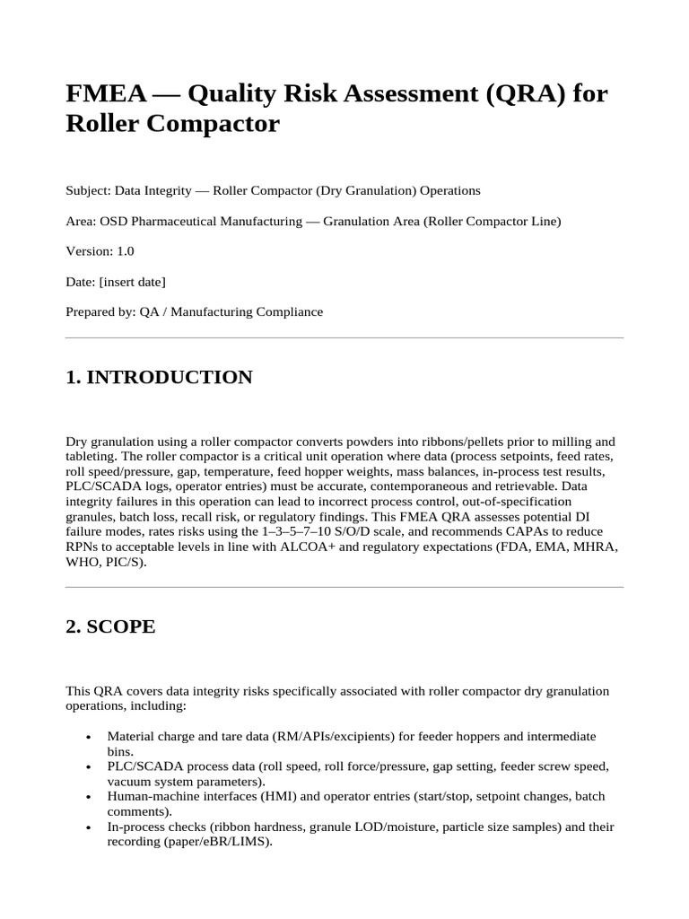 FMEA - Quality Risk Assessment (QRA) For Roller Compactor | PDF
