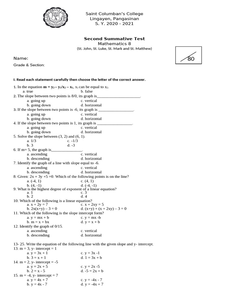 Gr. 8 2nd Summative Test | PDF | Slope | Mathematical Objects