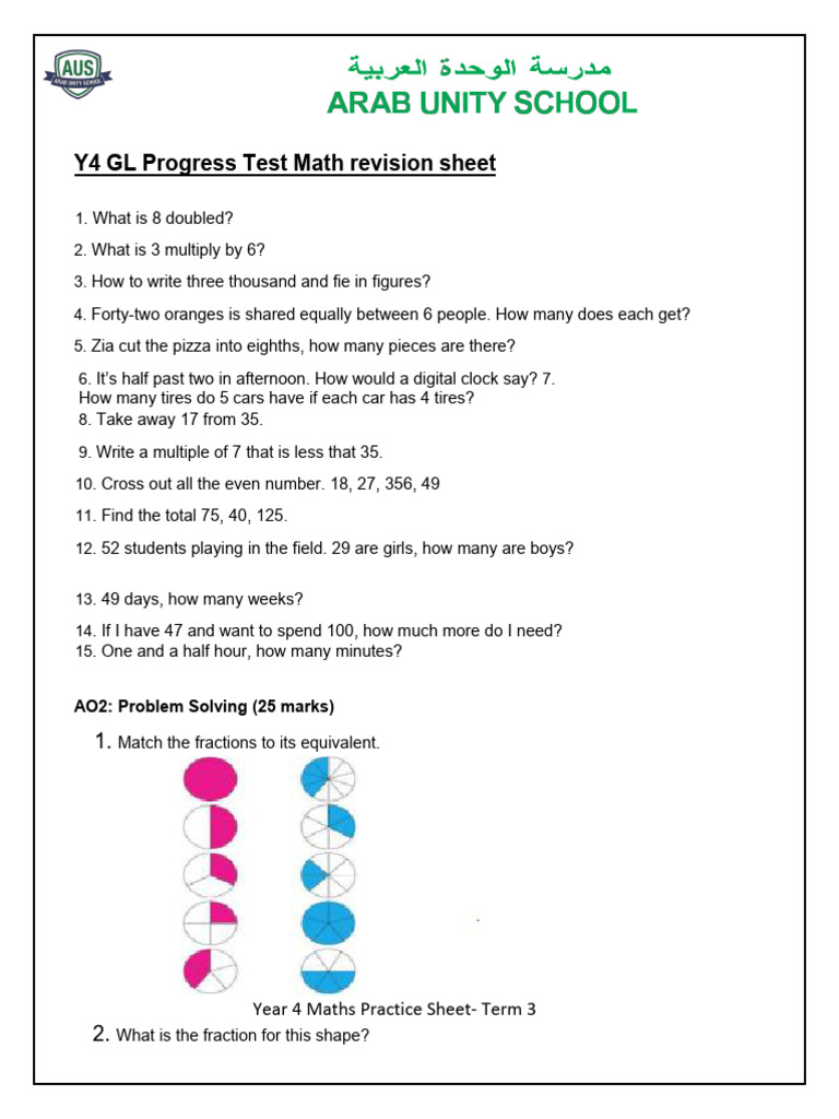 Y4 GL Progress Test Math Revision Sheet: Year 4 Maths Practice Sheet ...