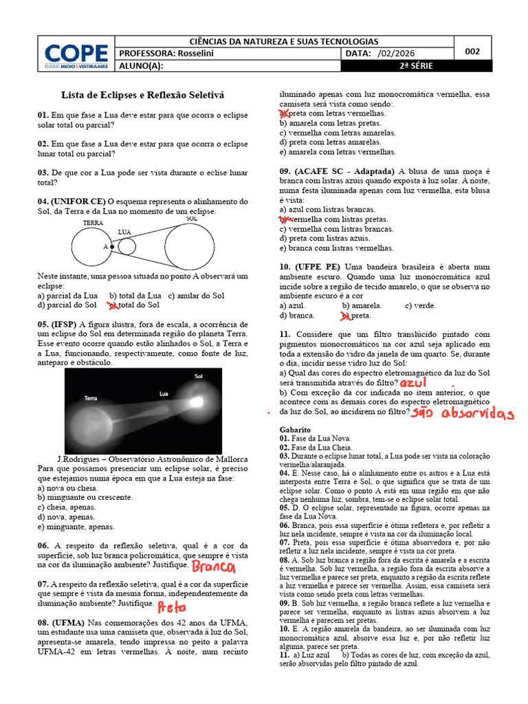Lista 002 de Eclipses e Reflexão Seletiva | PDF | Lua | Eclipse