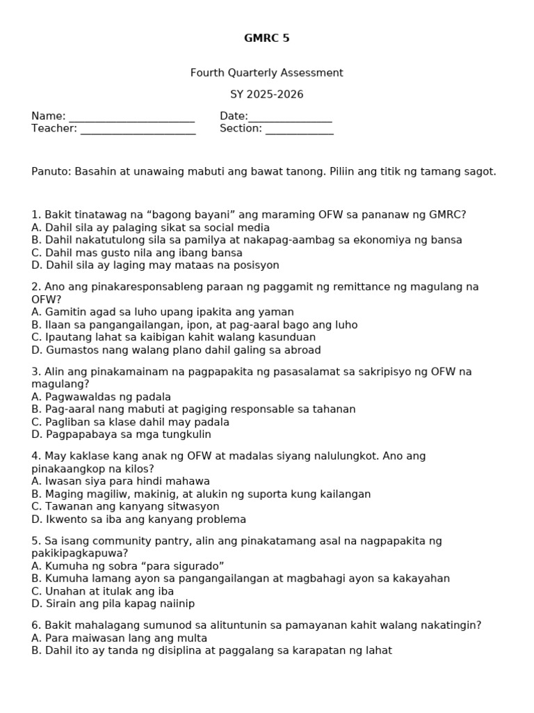 GMRC 5 Fourth Quarterly Assessment SY 2025-2026 | PDF