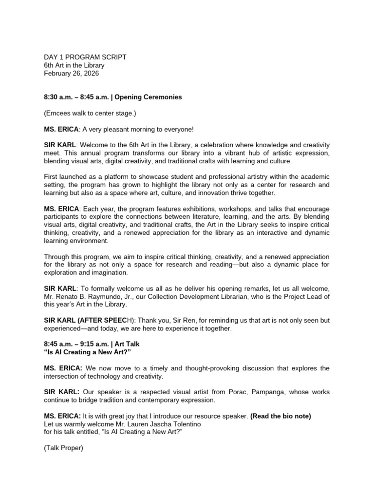 EDITED_Script_6th Art in the Library (1) | PDF | Libraries | Creativity
