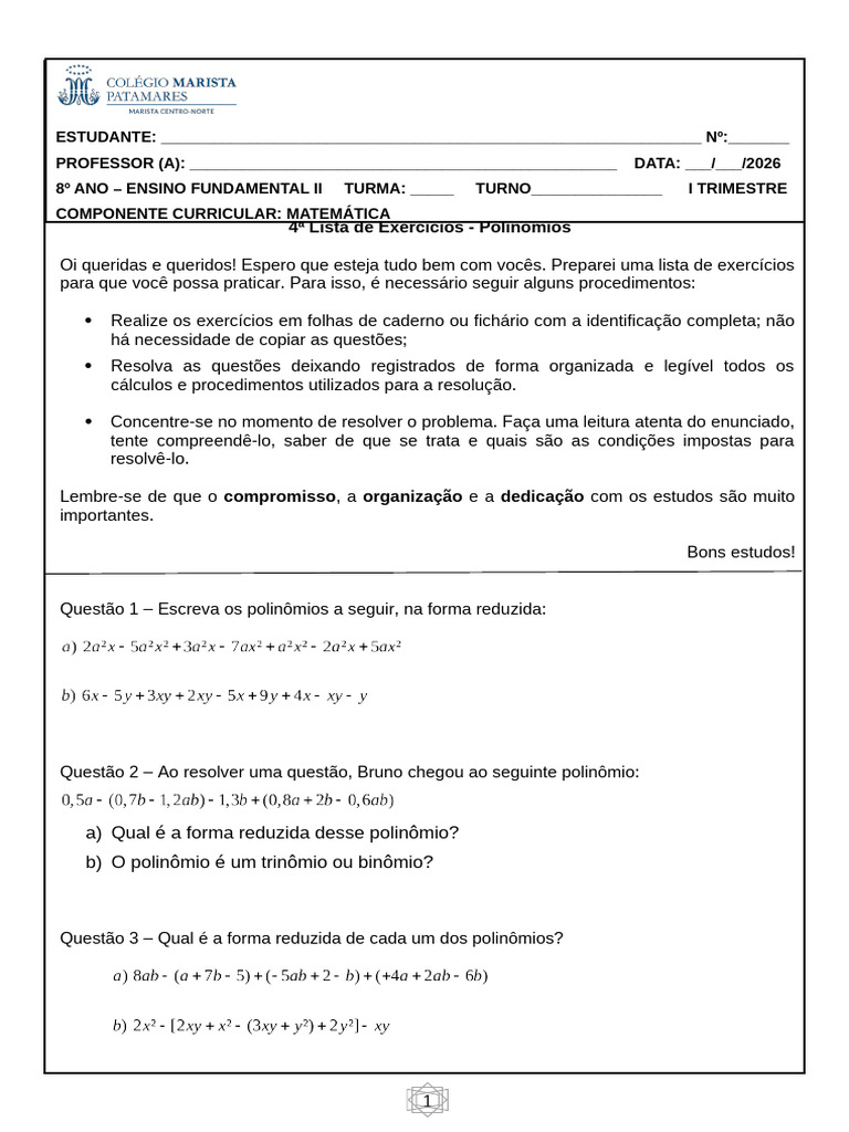 4 Lista de Exercícios 8º Ano - Polinômios | PDF