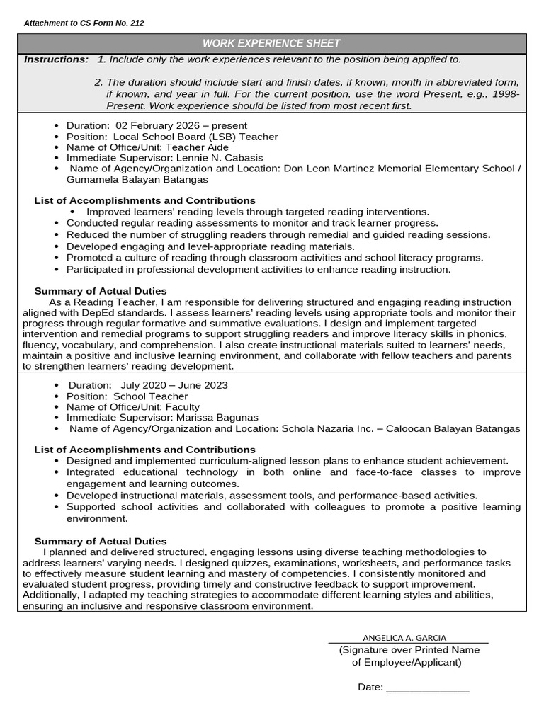 ANNEX H 2 CS Form No. 212 Attachment Work Experience Sheet | PDF ...