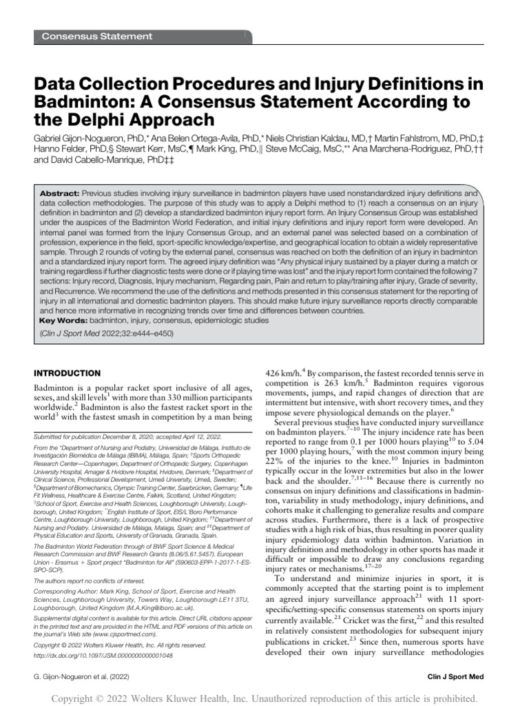 Data Collection Procedures and Injury Definitions in Badminton - A ...