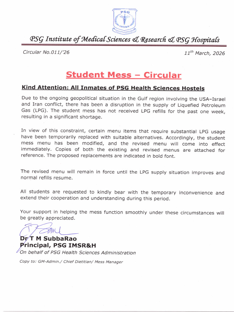 Circular 11 - Hostel Mess Menu Changes | PDF