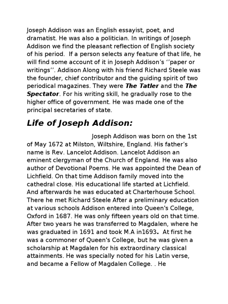 Joseph Addison Was an English Essayist Poetry Fiction & Literature