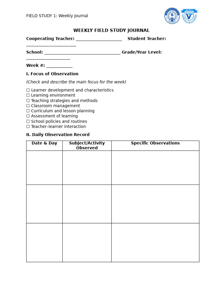 Fs1 Weekly Journal Template | PDF
