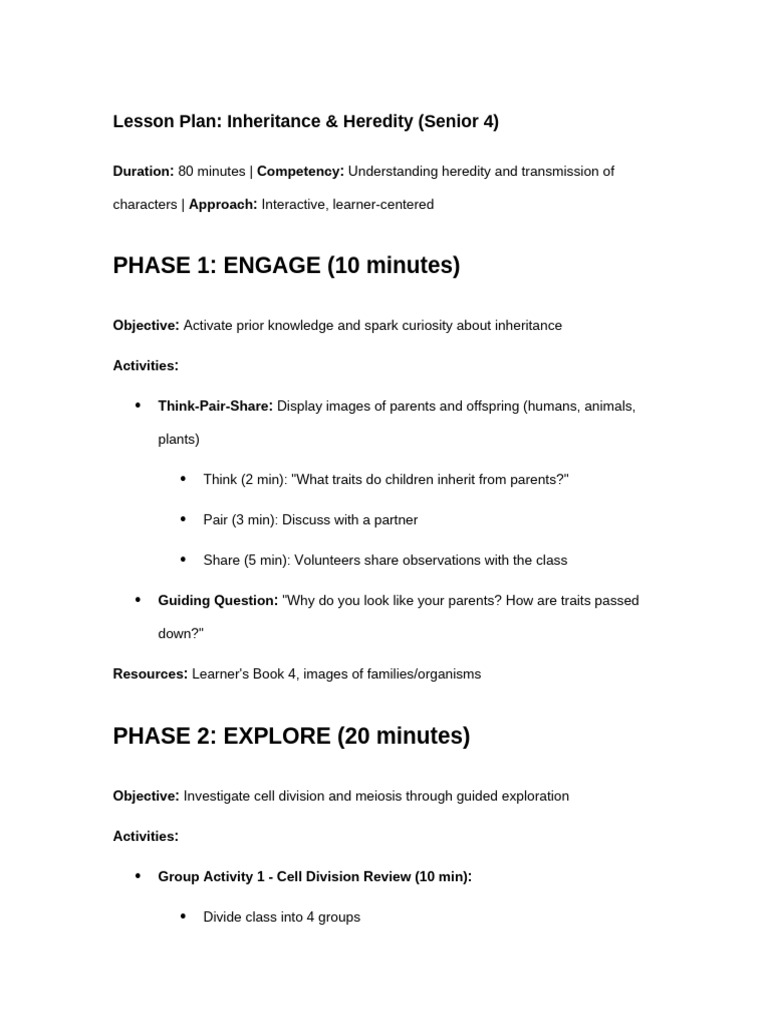 Inheritance Lesson Plan - Senior 4 | PDF