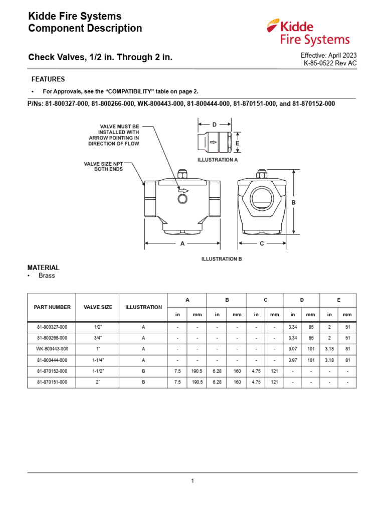 Kidde Check Valves Half Inch Thru 2 Inch K-85-0522 | PDF