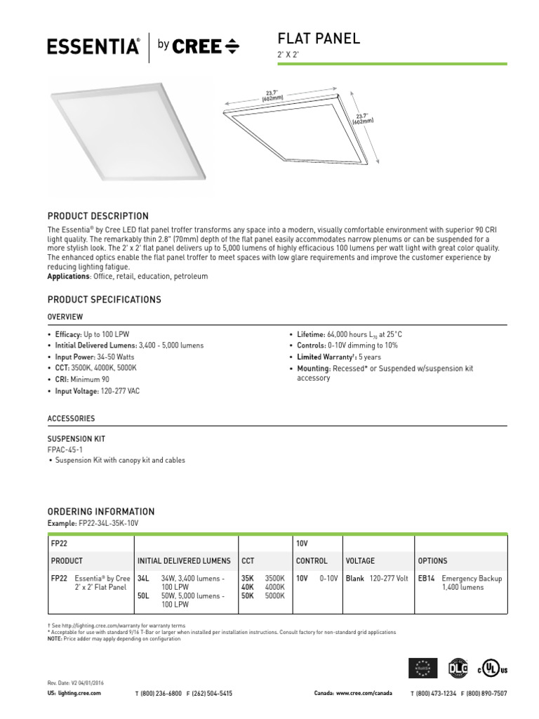 CREE Essentia 2x2 Flat Panel | PDF | Electricity | Electrical Engineering