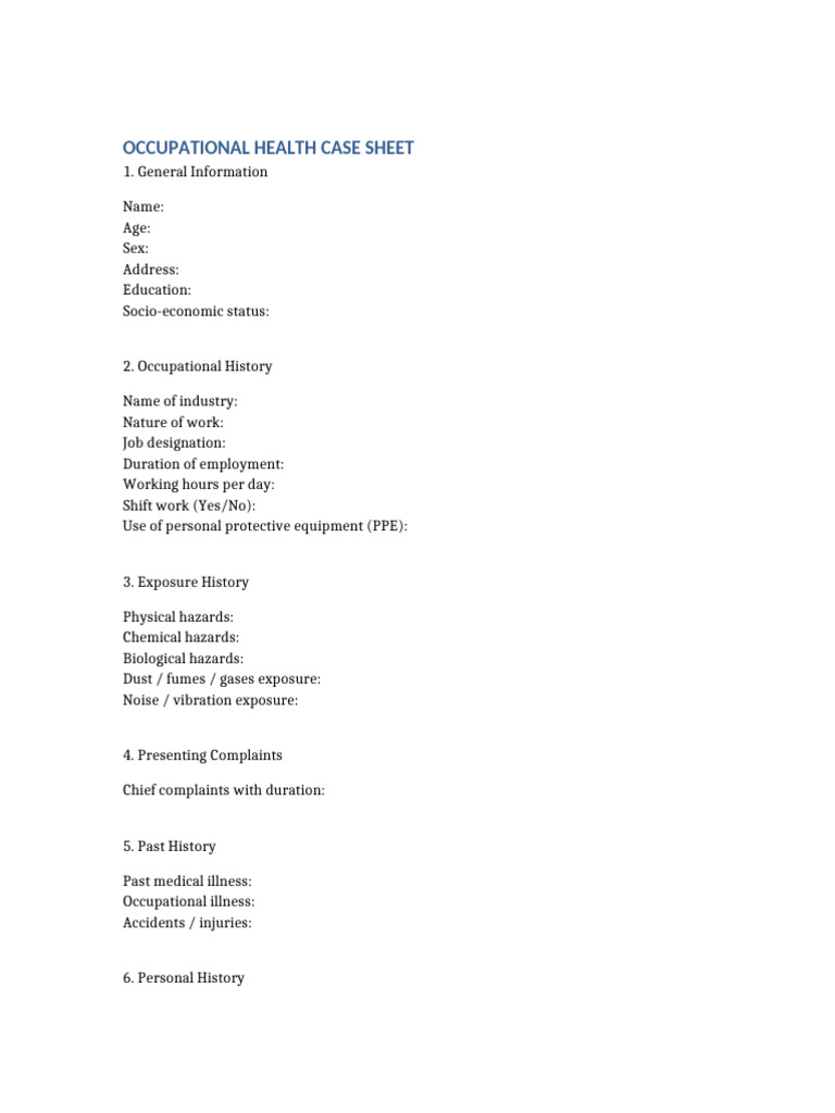 Occupational Health Case Sheet | PDF