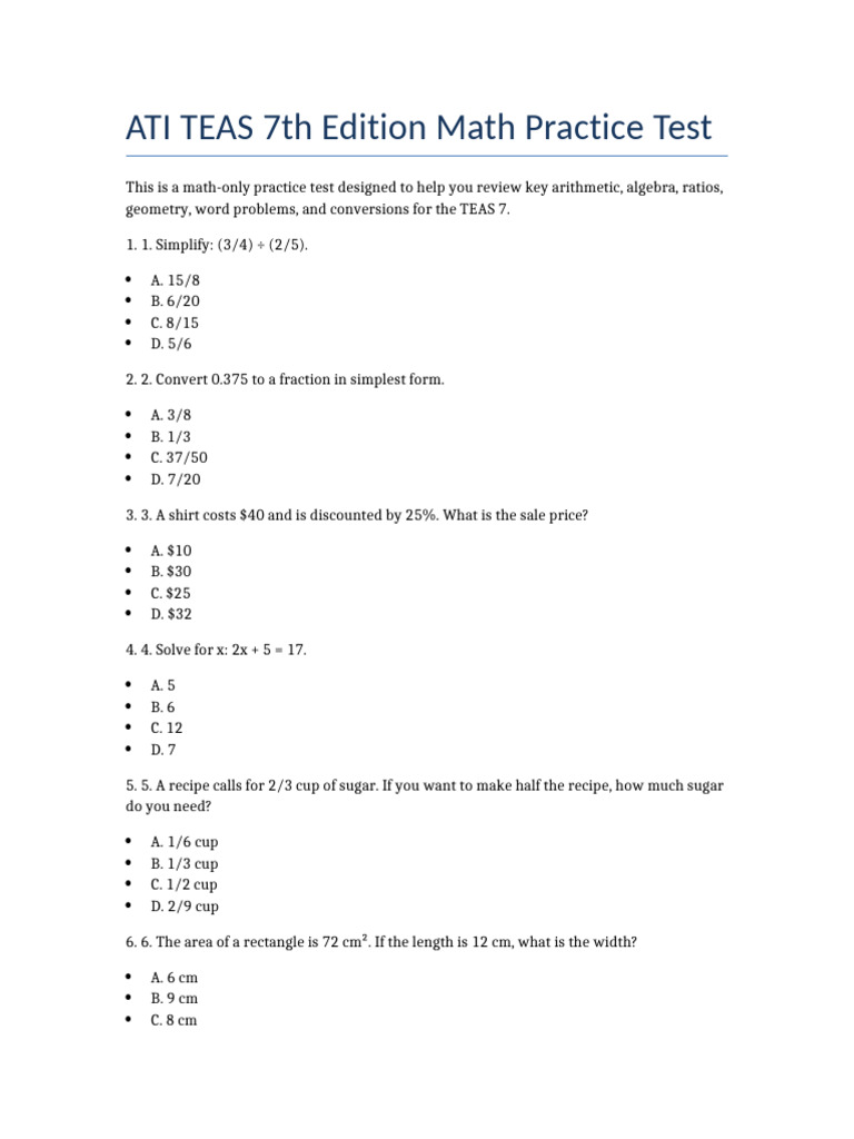 ATI TEAS7 Math Practice Test | PDF