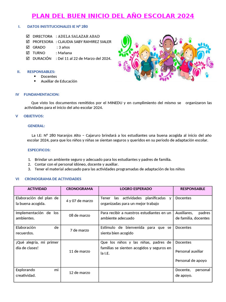 3 Años - Plan Del Buen Inicio Del Año Escolar 2024 | PDF