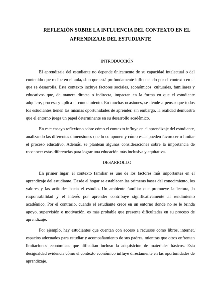 Reflexión Sobre La Influencia Del Contexto en El Aprendizaje Del ...