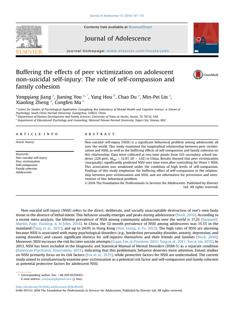 Buffering The Effects of Peer Victimization On Adolescent Non-Suicidal ...